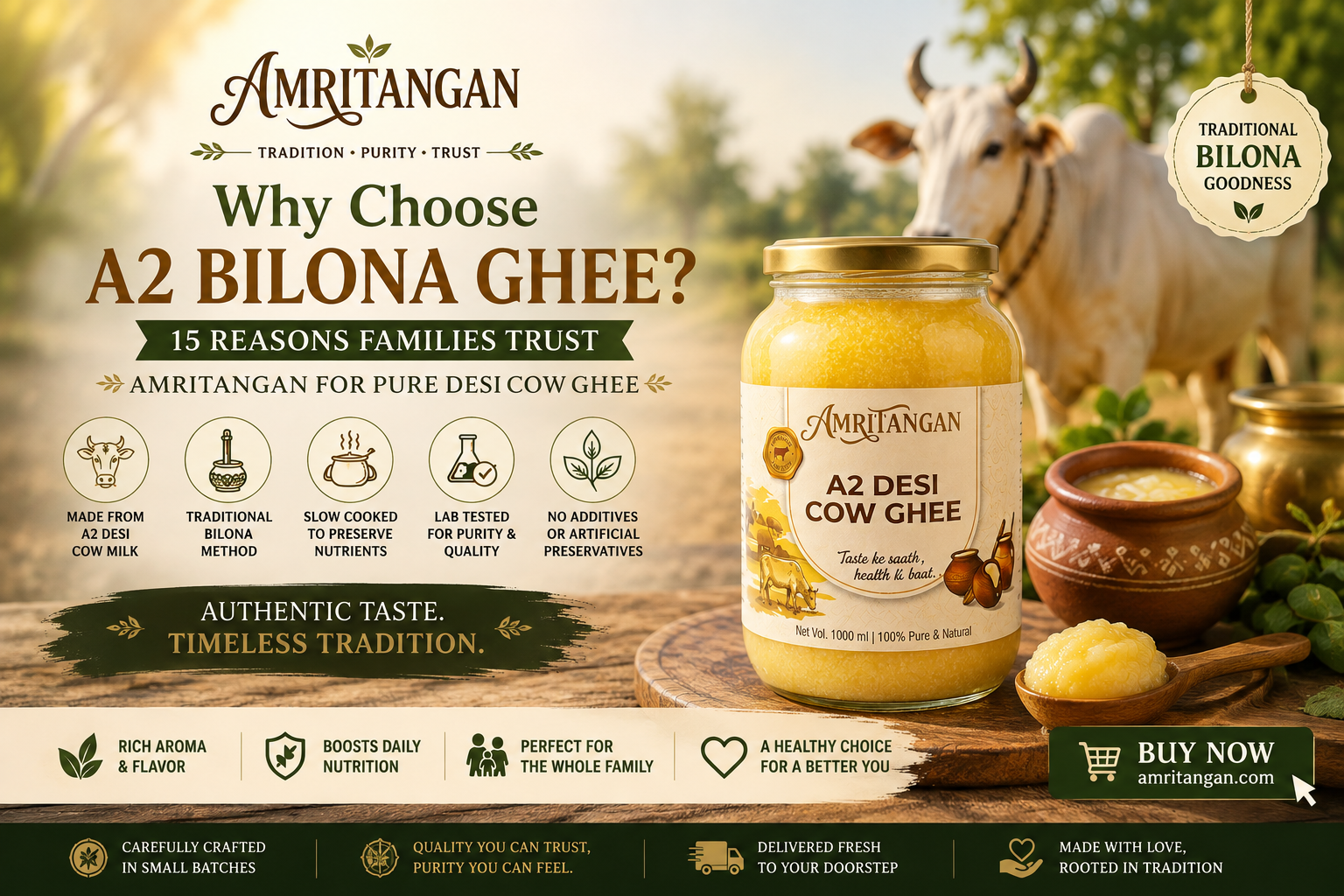 Amritangan A2 Bilona Ghee in premium glass jar prepared using the traditional Bilona Method