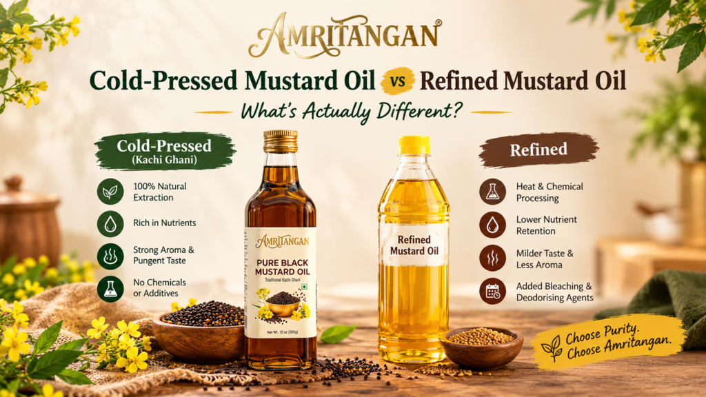 Cold-pressed kachi ghani mustard oil compared to refined mustard oil in glass bottles