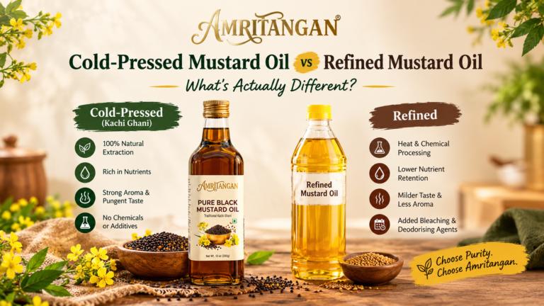Cold-pressed kachi ghani mustard oil compared to refined mustard oil in glass bottles